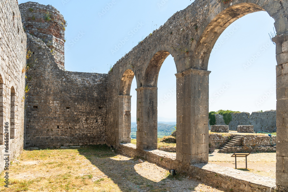 Fatih Sultan Mehmet Mosque or Fatih Mosque ruins of Rozafa Castle in the city Shkoder. Albania