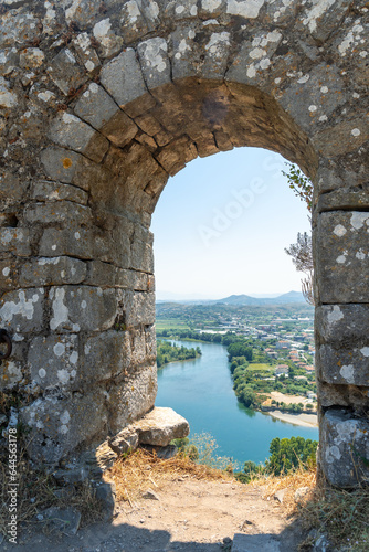 Looking at the lake from the arch of the Rozafa Castle wall in the city Shkoder. Albania