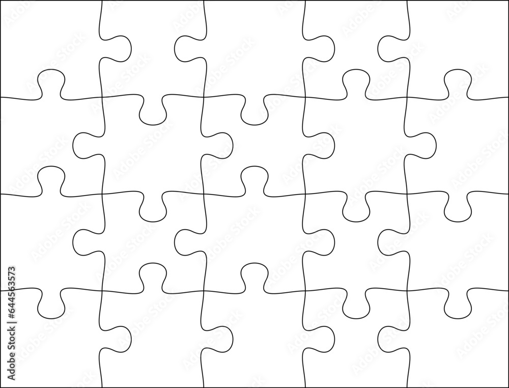 Puzzles grid template 5x4. Jigsaw puzzle pieces, thinking game and jigsaws detail frame design. Business assemble metaphor or puzzles game challenge vector.