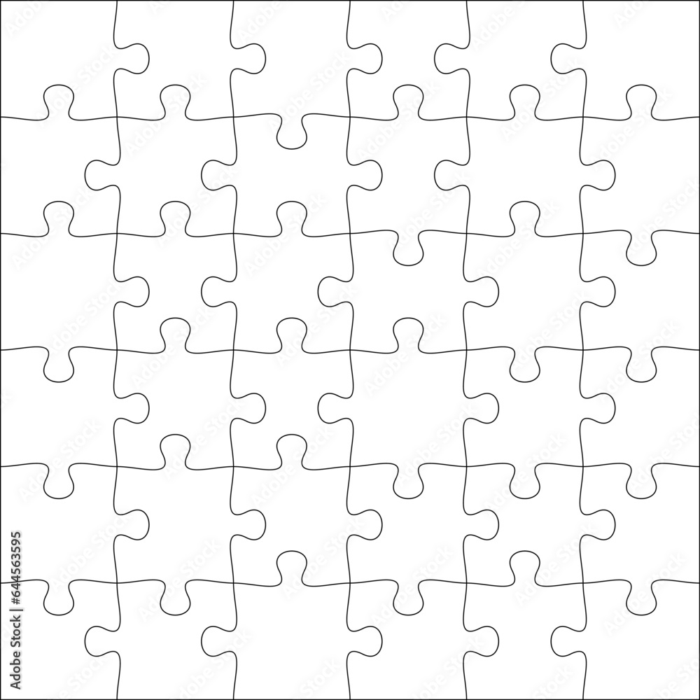 Puzzles grid template 6x6. Jigsaw puzzle pieces, thinking game and jigsaws detail frame design. Business assemble metaphor or puzzles game challenge vector.