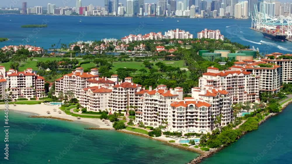 Aerial parallax stock video Fisher Island Miami Beach Summer 2023