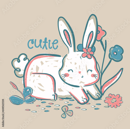 Cute rabbit bunny flowers autumun winter lovely design for kids market as vector photo