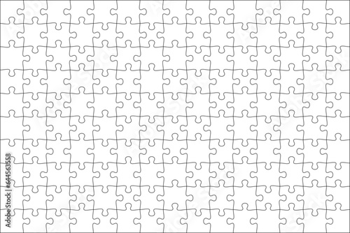 Puzzles grid template 14x10. Jigsaw puzzle pieces, thinking game and jigsaws detail frame design. Business assemble metaphor or puzzles game challenge vector.
