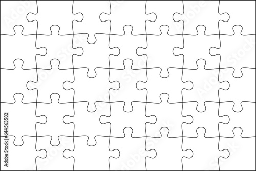 Puzzles grid template 7x5. Jigsaw puzzle pieces, thinking game and jigsaws detail frame design. Business assemble metaphor or puzzles game challenge vector.