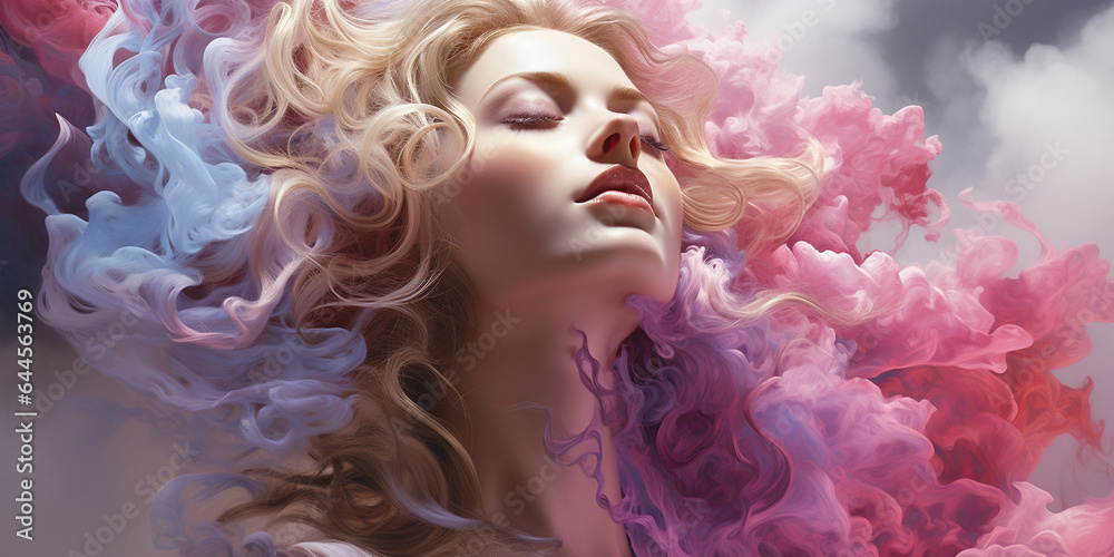 Model Frau blond Gesicht mit bunter Rauch Explosion umhüllt und grandioses Makeup Nahaufnahme als Poster Querformat, ai generativ