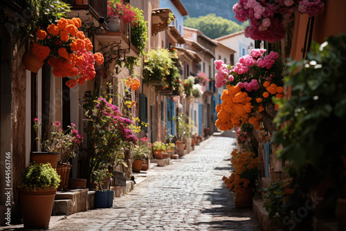 Colorfully Flower street in Europe.  © AI Exclusive 