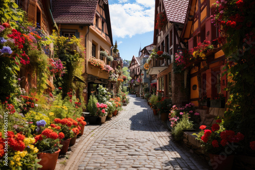 Colorfully Flower street in Germany.  © AI Exclusive 