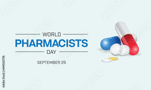 World Pharmacists Day design with several pill on a light blue background. Vector illustration
