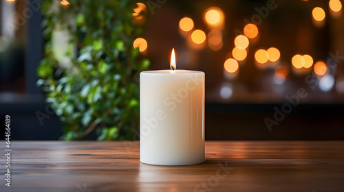 White candle lit on a wooden table with an out of focus background with Christmas lights. Copy space. Generative ai