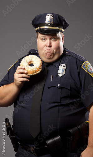 overweight police officer enjoying a large donut photo