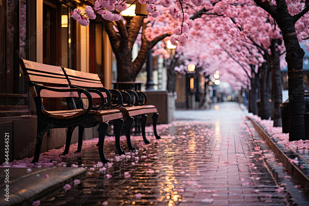 Pink sakura blooming trees alley in spring park - obrazy, fototapety, plakaty 