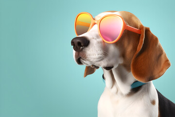 Creative animal concept. Beagle dog puppy in sunglass shade glasses isolated on solid pastel background, commercial, editorial advertisement, surreal surrealism
