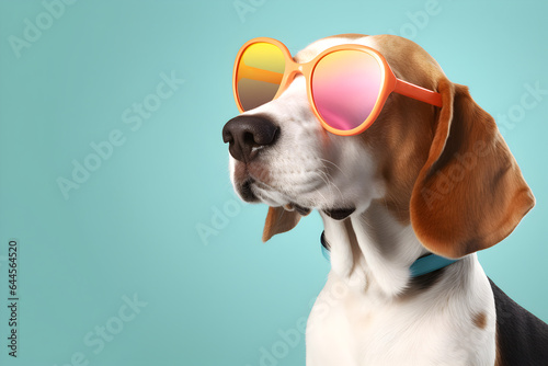 Creative animal concept. Beagle dog puppy in sunglass shade glasses isolated on solid pastel background, commercial, editorial advertisement, surreal surrealism