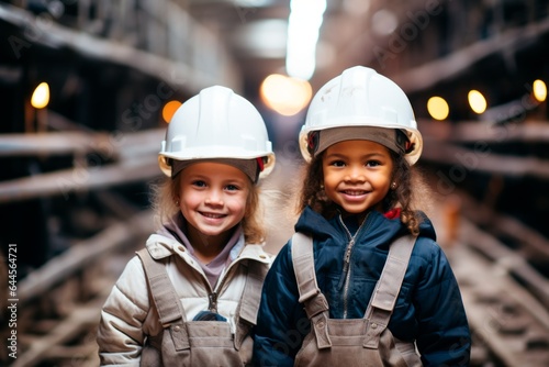 two young girls in hard hats standing in an industrial factory,
