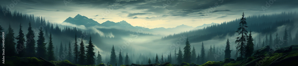 Enchanting Misty Fir Forest in Tranquil Nature