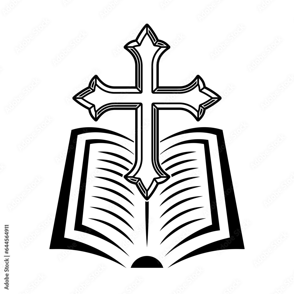 Bible open book and christian cross vector illustration in black style isolated on white background Bible open book and christian cross vector illustration in black style isolated on white background