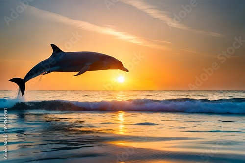 a playful group of dolphins leaping out of the sparkling ocean waters against a backdrop of a vibrant sunset © Izhar