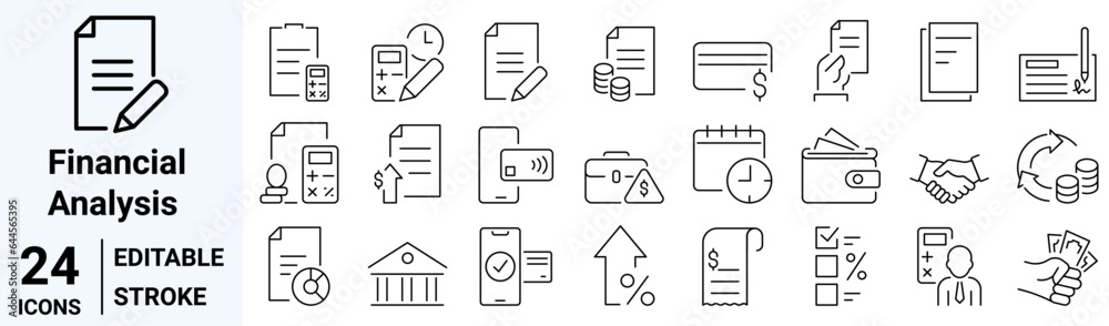 set of 36 line web icons financial analytics. Contains such Icons as Growth Leaders and Losers, Portfolio Analysis, Financial Report. Outline Icons. Vector illustration.