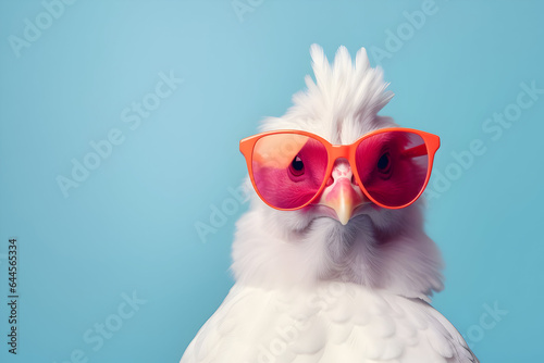 Chick with Attitude: A Creative Animal Concept Featuring a Hen Sporting Sunglasses Against a Solid Pastel Background. A Surreal and Playful Image Ideal for Commercial, Editorial, and Advertisement Use