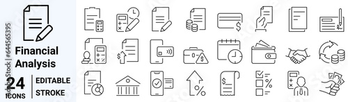 set of 36 line web icons financial analytics. Contains such Icons as Growth Leaders and Losers, Portfolio Analysis, Financial Report. Outline Icons. Vector illustration.