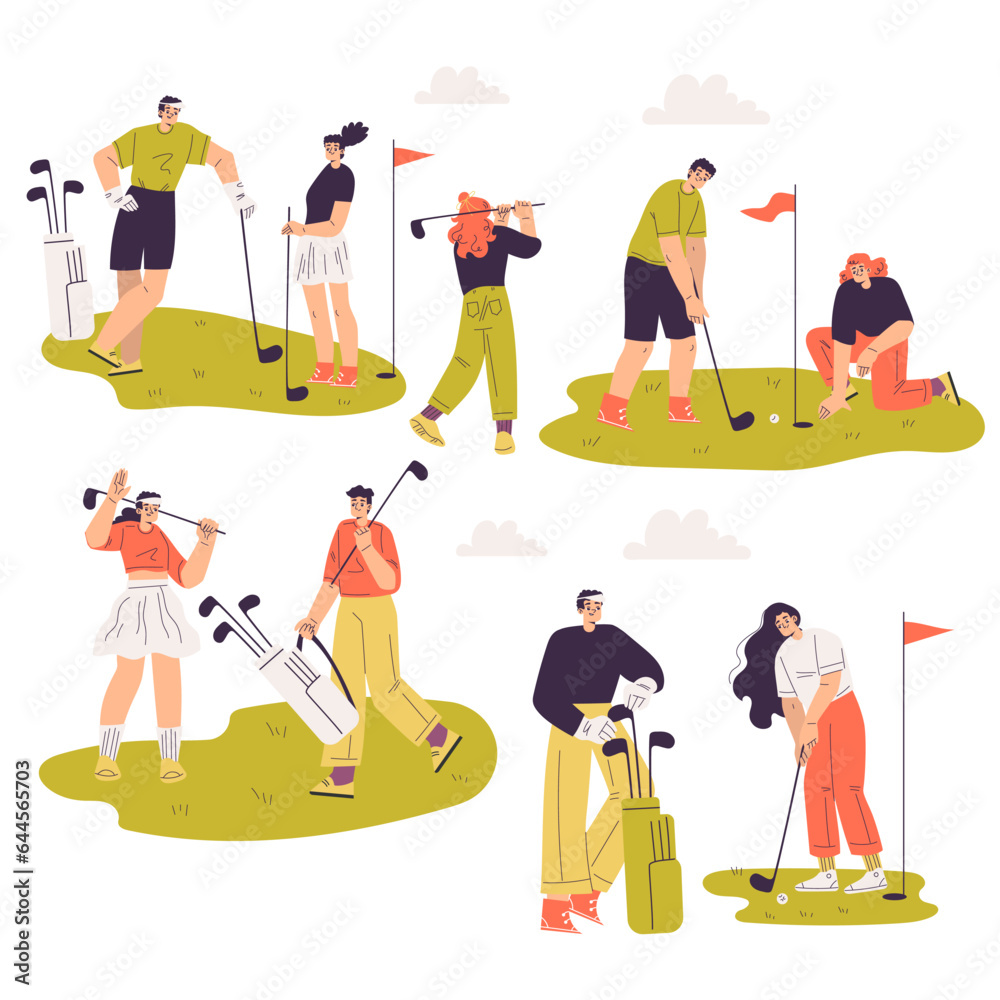 People Characters Golf Playing Training with Golf Clubs on Green Grass Vector Illustration Set