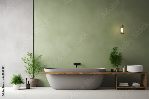 Simplicity Meets Elegance A Modern Minimalist Bathroom Interior with a Green Bathroom Cabinet, White Sink, Wooden Vanity, Interior Plants, Bathroom Accessories, White Bathtub, Concrete Wall, and Terra