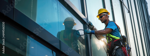 Worker washing windows in the office building © MP Studio
