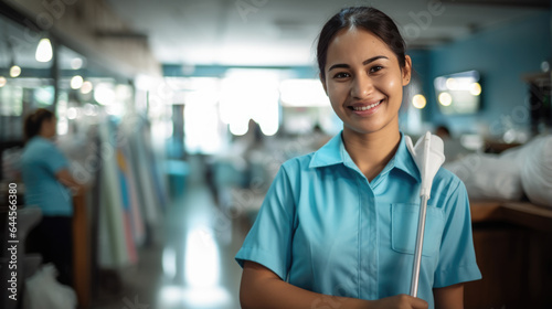 Portrait of a female cleaner against the background of a house or hotel