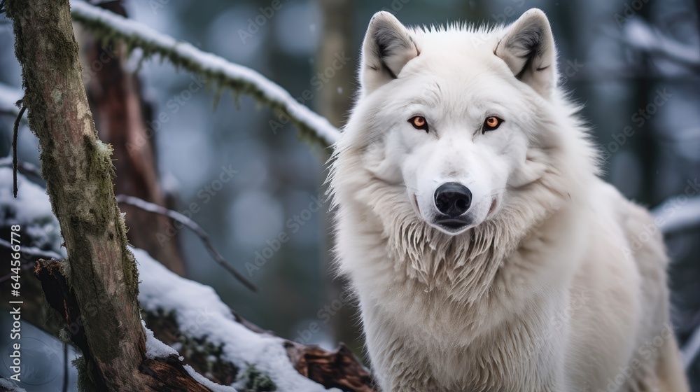 Obraz premium A breathtaking shot of a White Wolf in his natural habitat, showcasing his majestic beauty and strength.