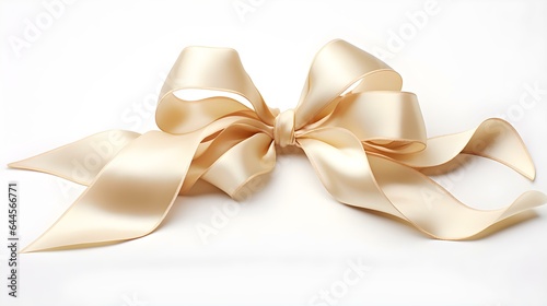 Beige Gift Ribbon with a Bow on a white Background. Festive Template for Holidays and Celebrations 