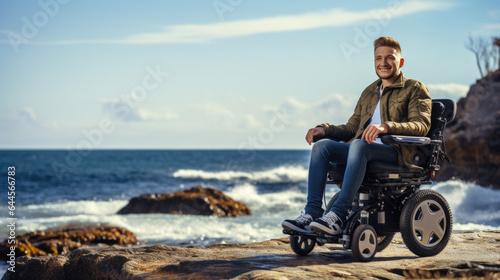A man in a wheelchair on the ocean shore