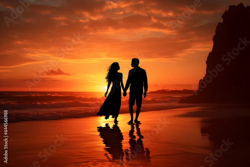 Romantic Sunset Silhouette A Couple Embracing on the Beach, Their Figures Gracefully Framed by the Setting Sun
