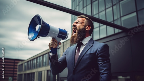 businessman shouting through a megaphone outside in front of office building
