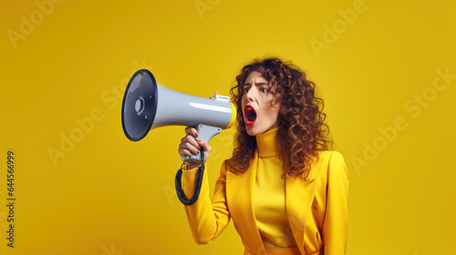 Young woman in business suit shouting into megaphone