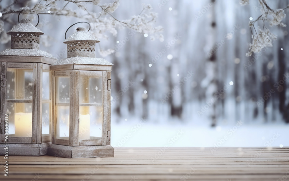 Winter snowy stage background with lantern, wooden floors and Ramadan lights on background, banner layout, copy space