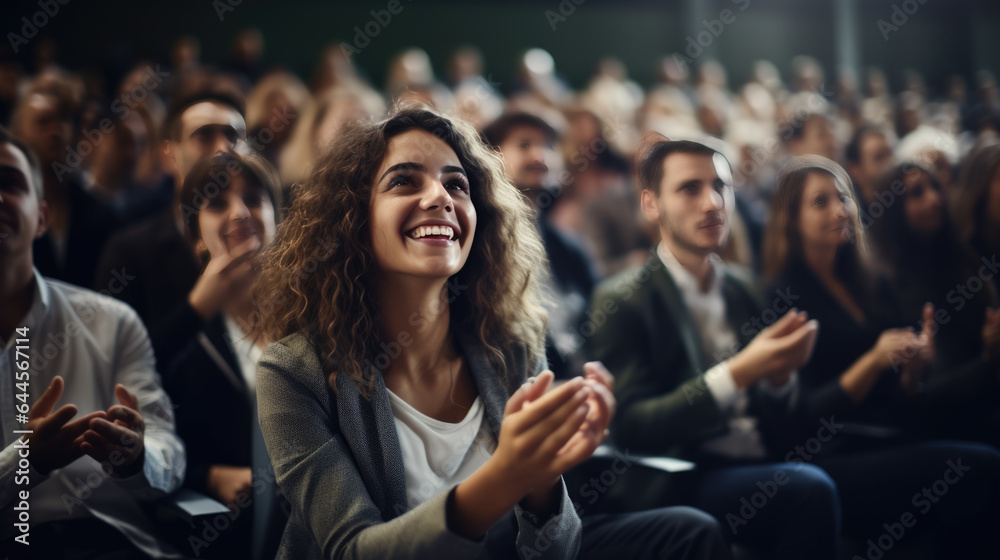 Young Female Sitting in a Crowded Audience at a Conference and Applauding After Speech. Young Female Sitting in a Crowded Audience at a Conference and Applauding After Speech.