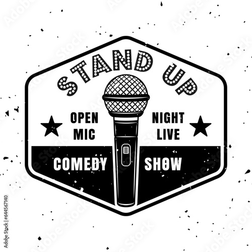 Stand up comedy show vector emblem, badge, label, stamp or logo in vintage monochrome style isolated on white background with removable texture