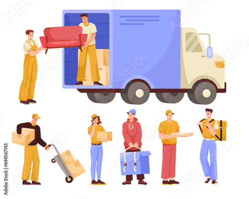 Goods Delivery with Man Carrier or Courier Working Vector Set