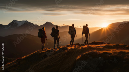 Group of hikers with backpacks walk in the background of the mountain landscape