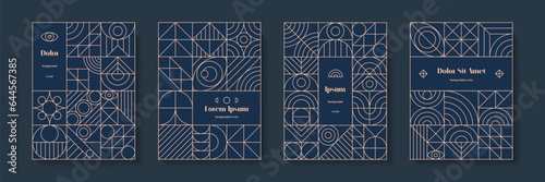 Geometry banner set gold line minimal 20s bauhaus style with figures and shapes circle, triangle, square. Human psychology and mental health concept illustration. Vector 10 eps