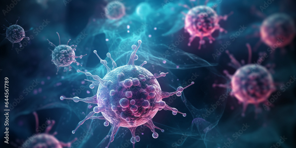 3d illustration of cancer cells. Cancer disease concept. Many cancer tumours.  - obrazy, fototapety, plakaty 
