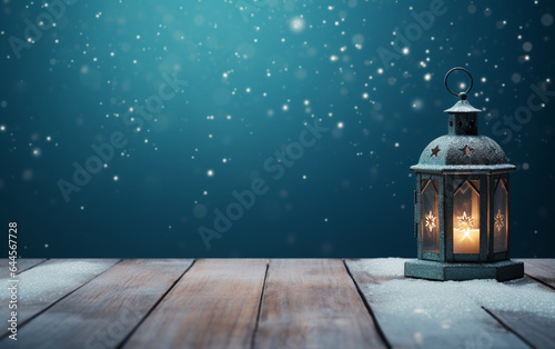 Winter snowy stage background with lantern, wooden floors and Ramadan lights on blue background, banner layout, copy space