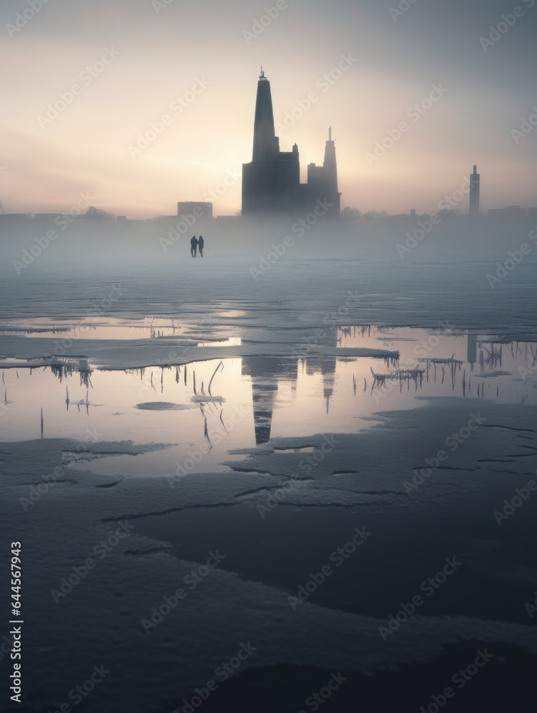 A Couple on a Frozen Lake: Urban Skyline with Majestic Cathedral