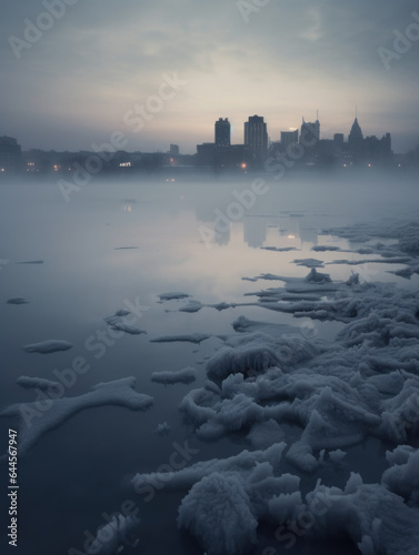 Winter Urban Cityscape by the Misty Lake