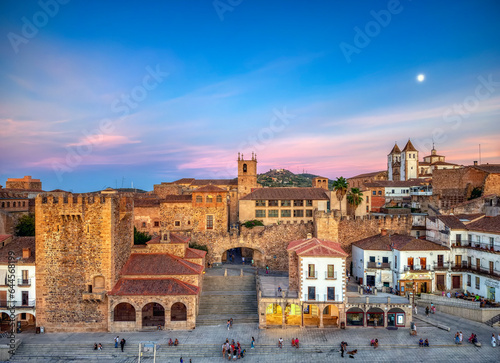 Plaza Mayor of Caceres at sunset, overhead view.