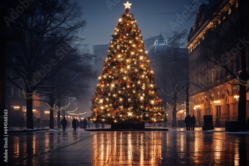 Enchanting Illumination: Festive Outdoor Christmas Tree at Night