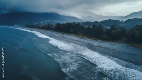 Wide-Angle Drone Shot of Sea and Forest Before the Rain