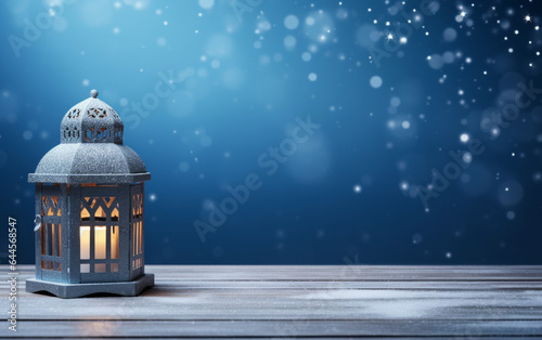 Winter snowy stage background with lantern, wooden floors and Ramadan lights on blue background, banner layout, copy space © MUS_GRAPHIC