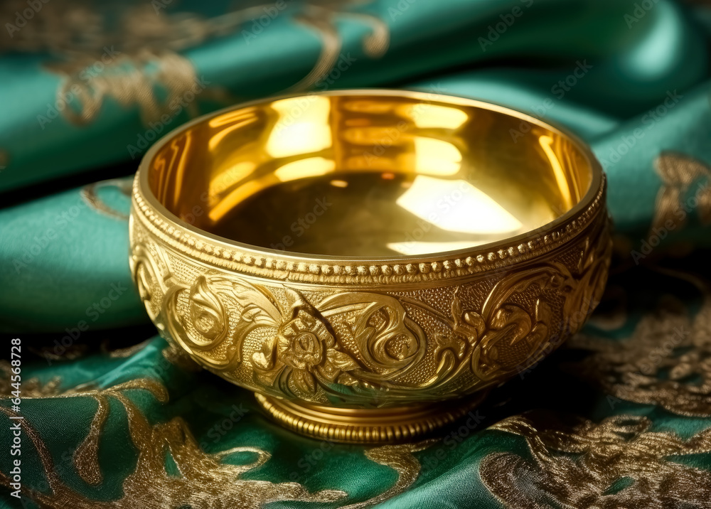 Gold traditional Arabic bowl design with tassel gold, emerald green and gold bowl, medieval-inspired. Gold traditional Arabic bowl design with tassel gold, emerald green and gold bowl, medieval-inspired.