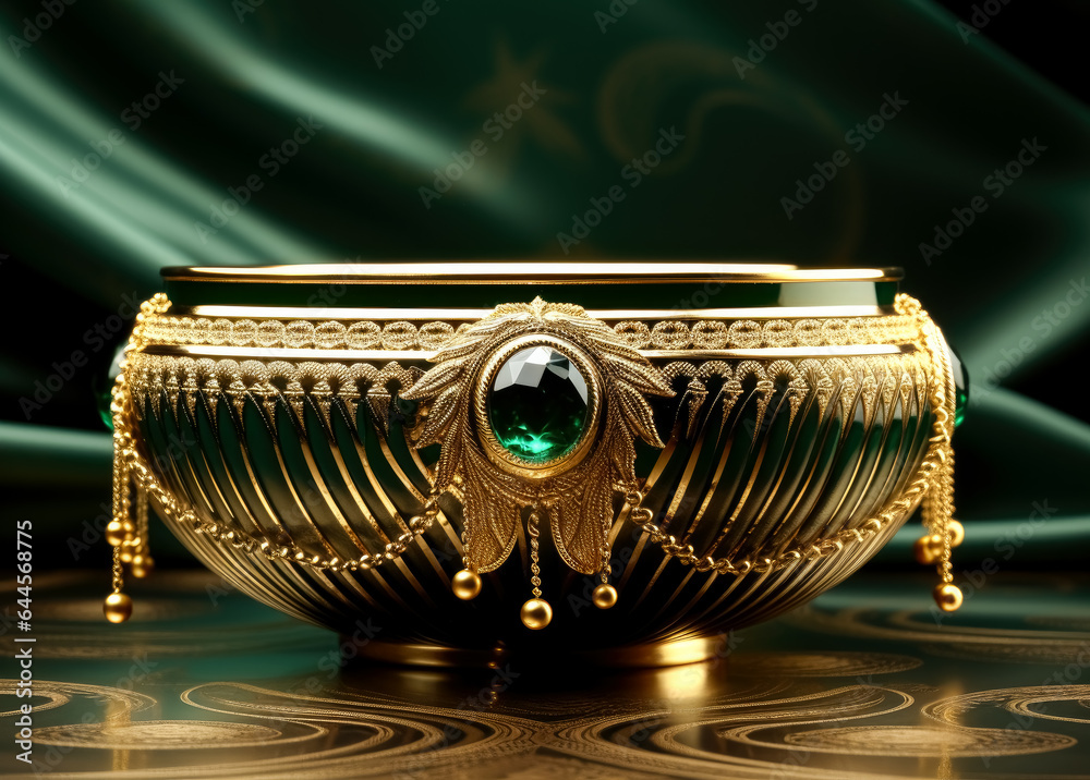 Fototapeta premium Gold traditional Arabic bowl design with tassel gold, emerald green and gold bowl, medieval-inspired.